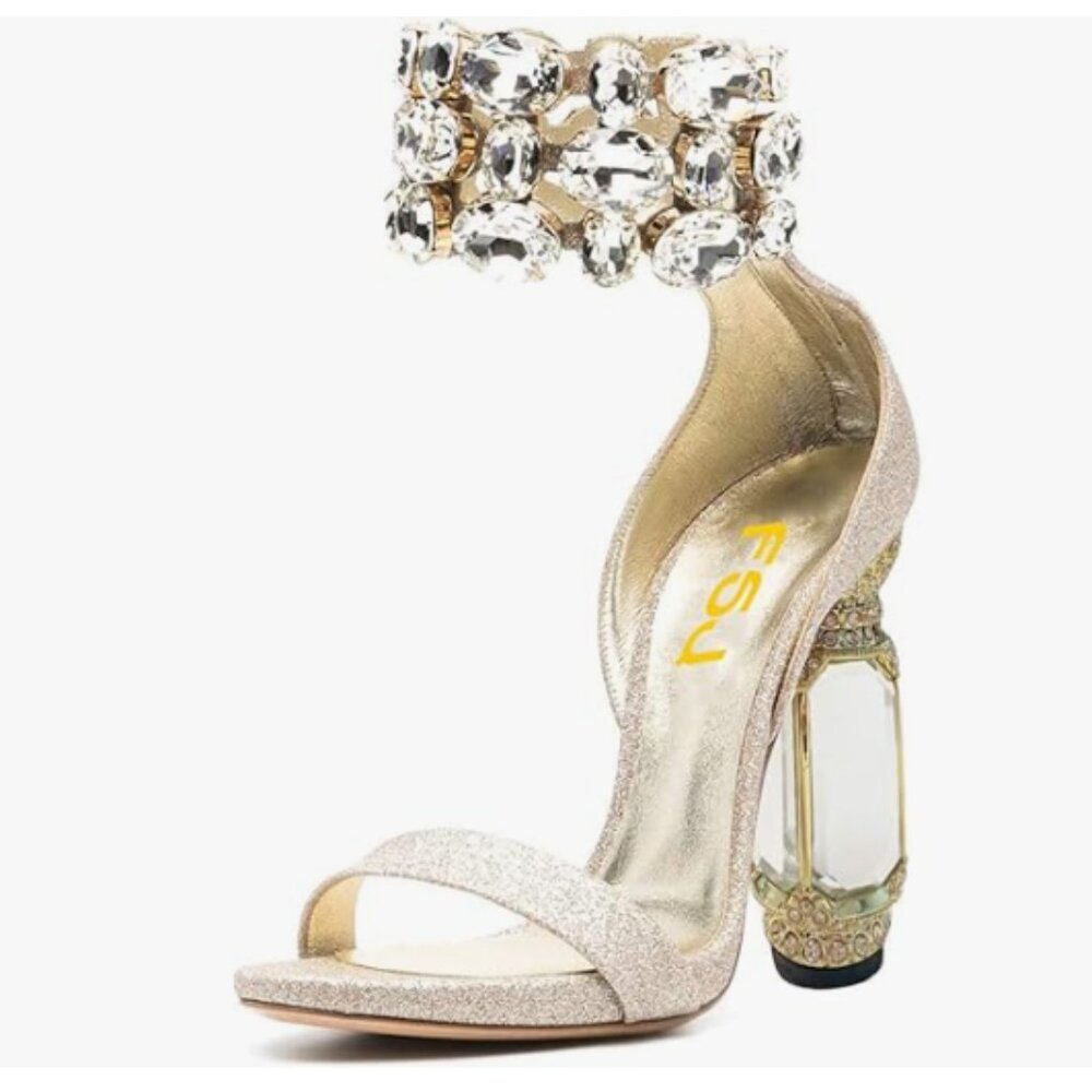 FSJ Champagne Crystal Open Toe Stylish Sandal Ankle Strap High Thick Heel Shoes